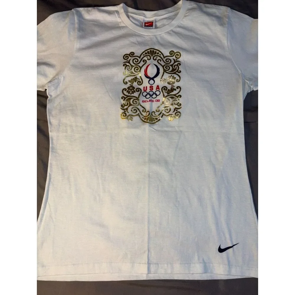 Nike Tee Shirt Boys Large White Beijing 2008 Olympic‎ USA Short Sleeve Crew Neck